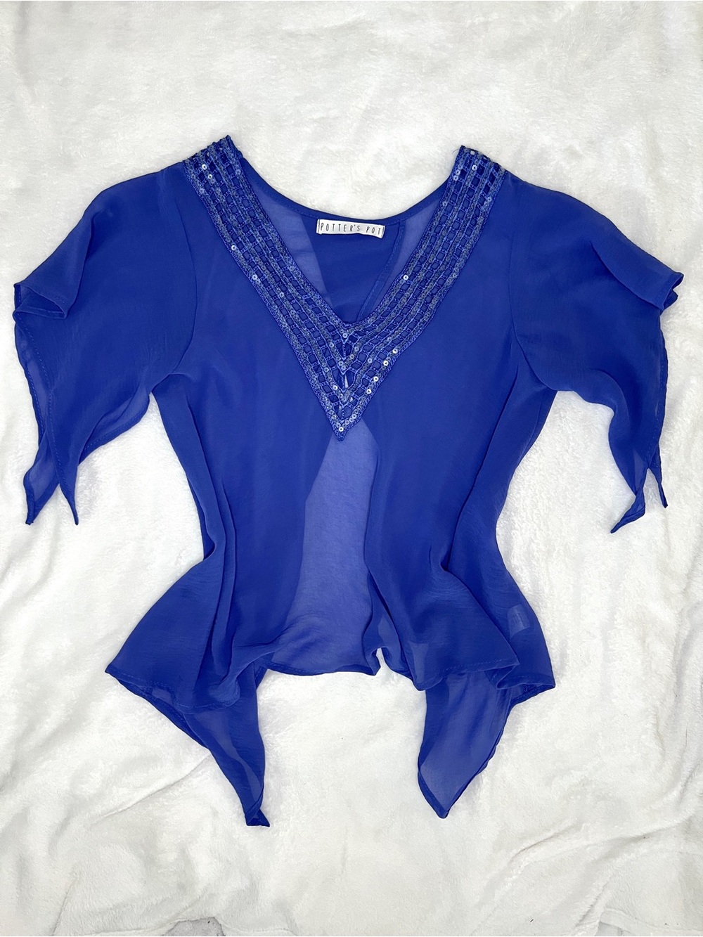 Fairycore Y2K Sheer Periwinkle Blue V-Neck Sequin Top